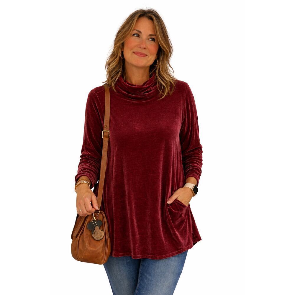 Soft Surroundings Velvet Turtleneck Tunic Blouse - Womens Size Medium - Burgundy